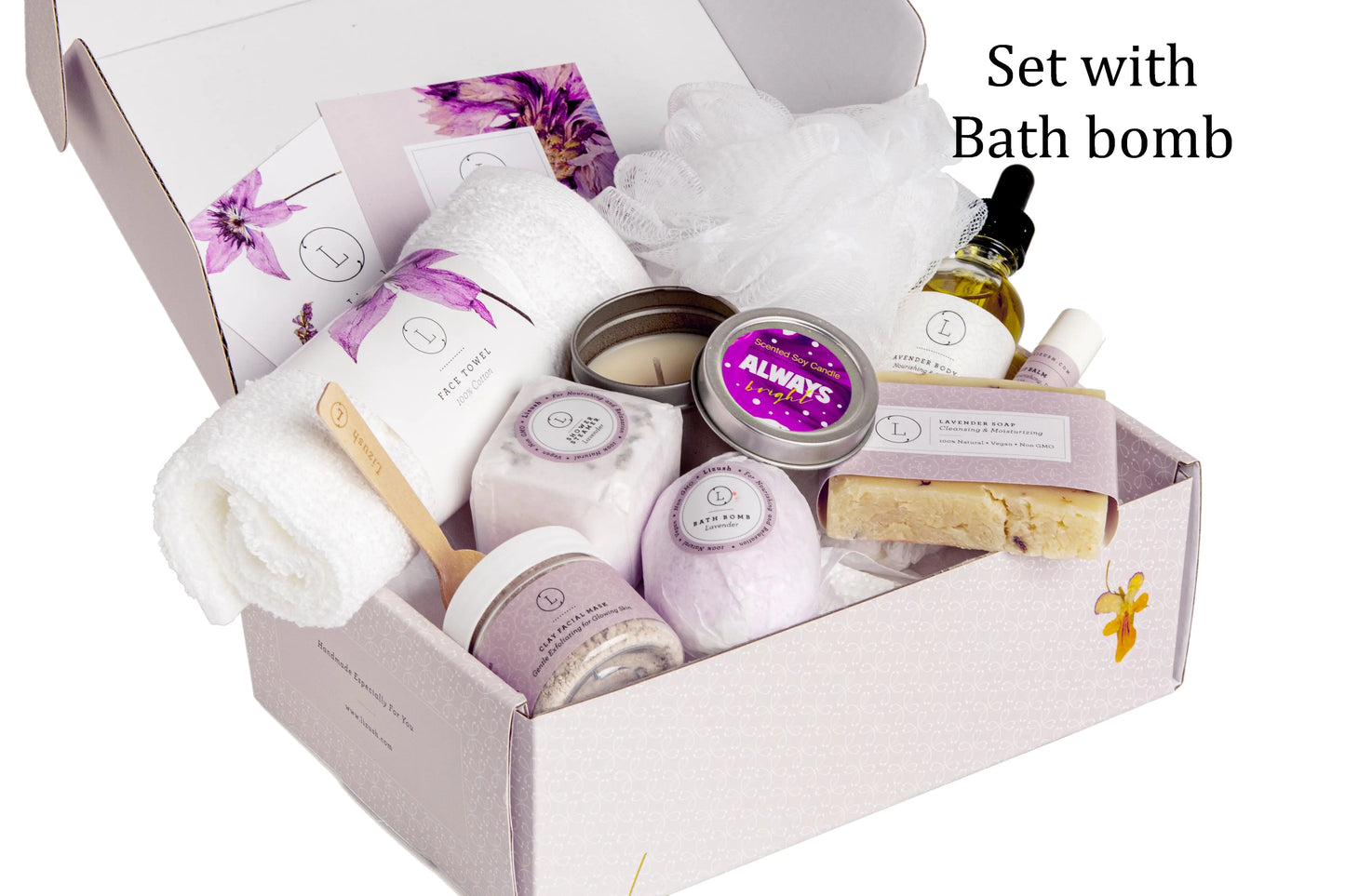 Lizush All Natural Lavender Gift Box with Bath Bomb and Shower Steamer