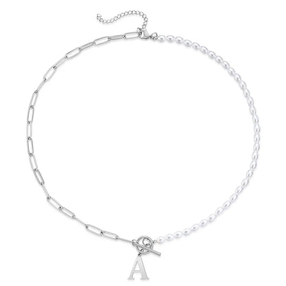 Half Pearl Half Paperclip Initial Necklace