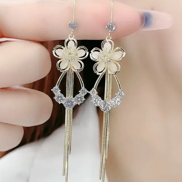 Opal Flower Tassel Earrings Set